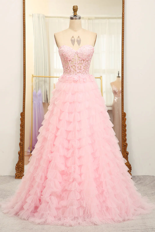 A-Line Pink  Strapless Tiered Long Corset Prom Dress