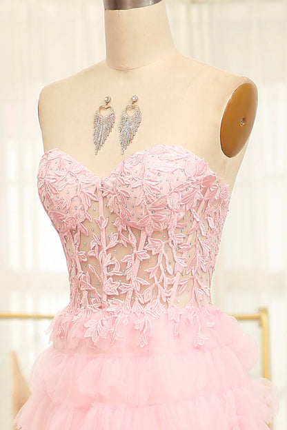A-Line Pink  Strapless Tiered Long Corset Prom Dress