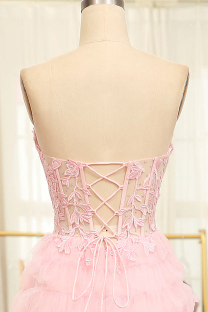 A-Line Pink  Strapless Tiered Long Corset Prom Dress