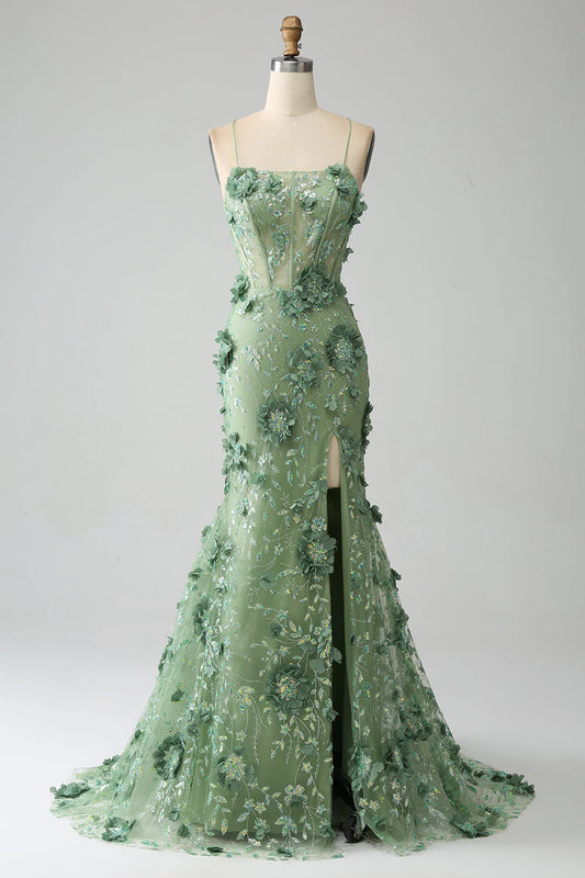 Green Mermaid Spaghetti Straps Corset Prom Dress With Appliques