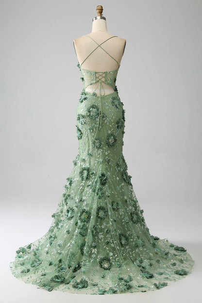 Green Mermaid Spaghetti Straps Corset Prom Dress With Appliques
