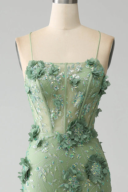 Green Mermaid Spaghetti Straps Corset Prom Dress With Appliques