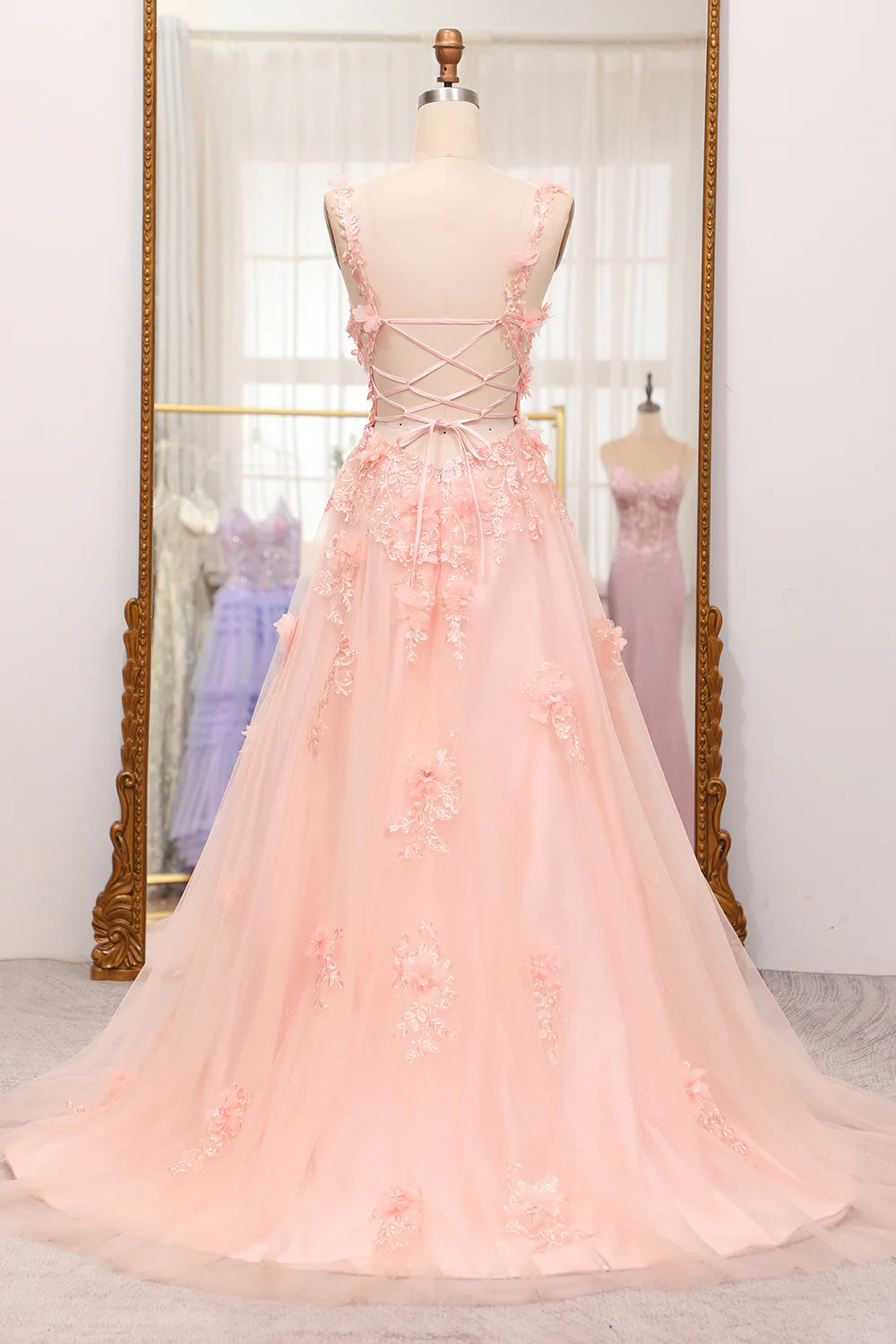 A-Line Spaghetti Straps Long Blush Prom Dress With Appliques