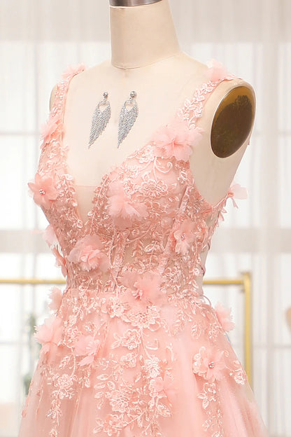 A-Line Spaghetti Straps Long Blush Prom Dress With Appliques