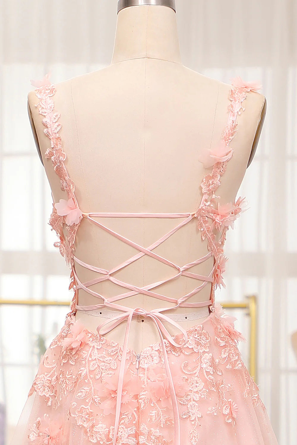 A-Line Spaghetti Straps Long Blush Prom Dress With Appliques