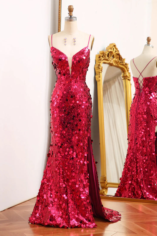 Mermaid Sparkly Sequins Fuchsia  Long Prom Dress With Slit