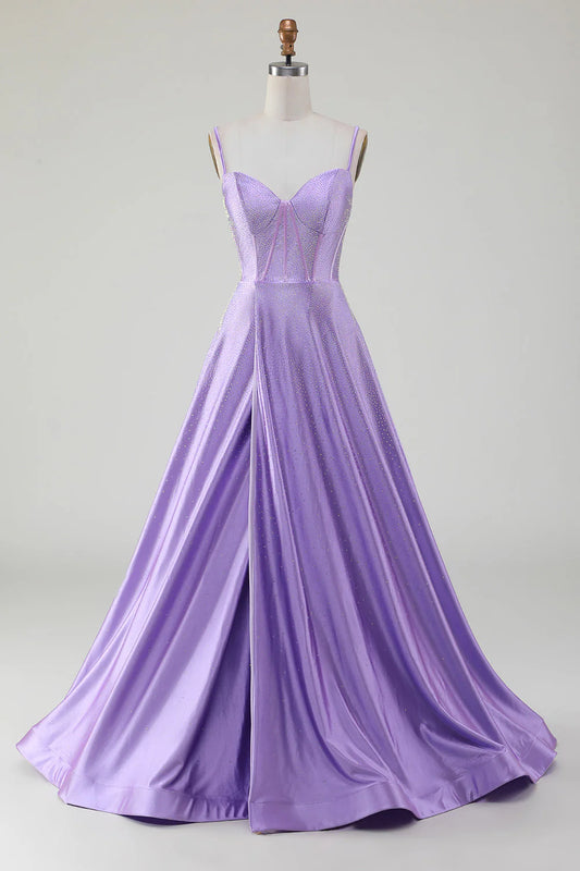 Simple Sparkly A-Line Side Slit Corset Prom Dresses With Rhinestones