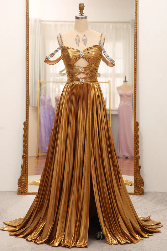 Golden Stunning A Line Off The Shoulder Long Prom Dress With Keyhole