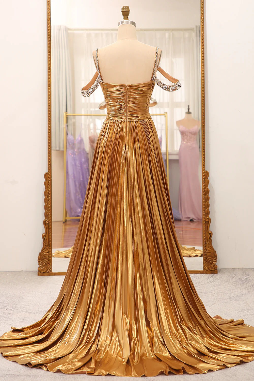 Golden Stunning A Line Off The Shoulder Long Prom Dress With Keyhole