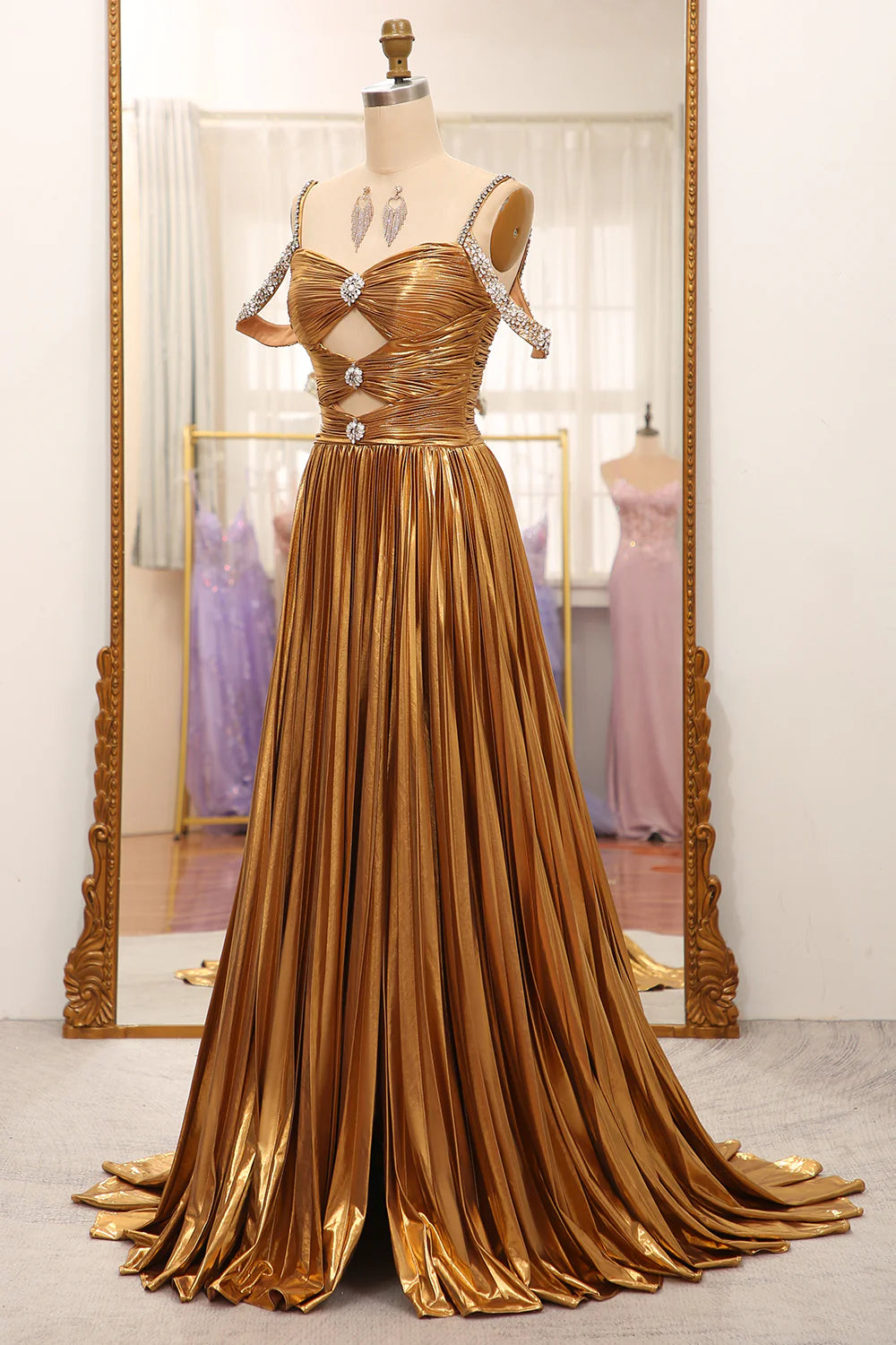 Golden Stunning A Line Off The Shoulder Long Prom Dress With Keyhole