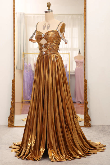 Golden Stunning A Line Off The Shoulder Long Prom Dress With Keyhole