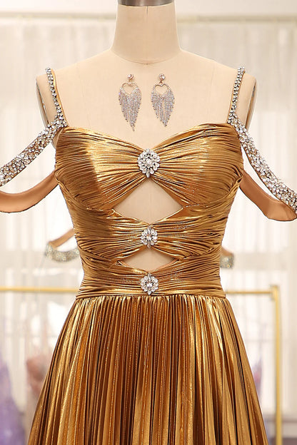 Golden Stunning A Line Off The Shoulder Long Prom Dress With Keyhole