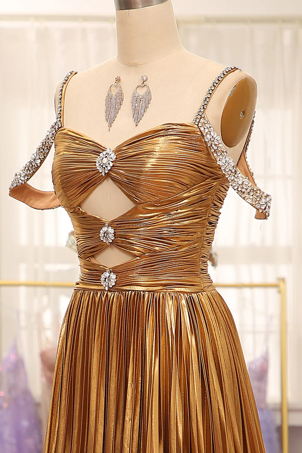 Golden Stunning A Line Off The Shoulder Long Prom Dress With Keyhole