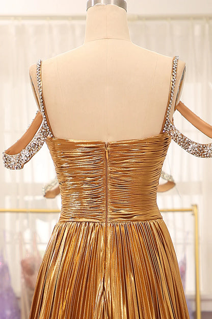 Golden Stunning A Line Off The Shoulder Long Prom Dress With Keyhole