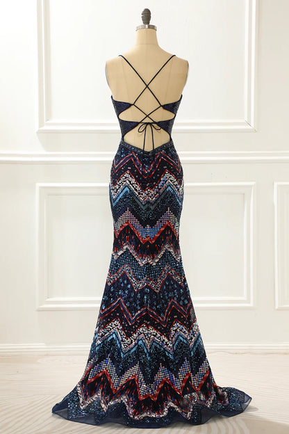 Spaghetti Straps Mermaid Navy Prom Dress With Criss Cross Back