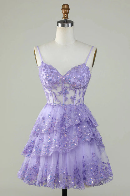 Sparkly Spaghetti Straps Sequins Tiered Homecoming Dress