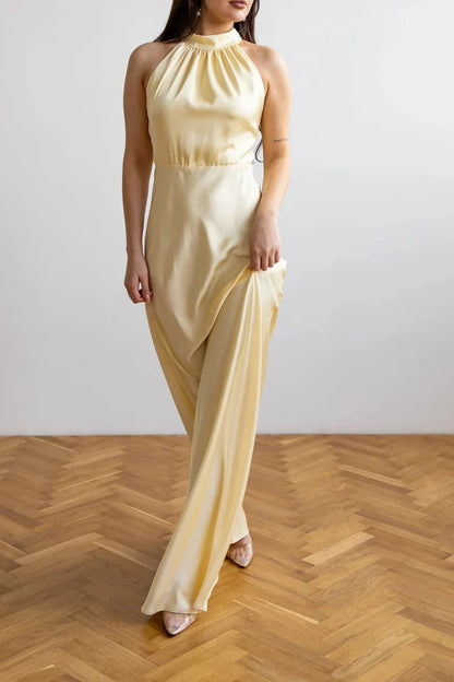 Yellow Satin Elegant Mermaid Halter Neck A-line Sleeveless Floor Length Prom Party Cocktail Dress