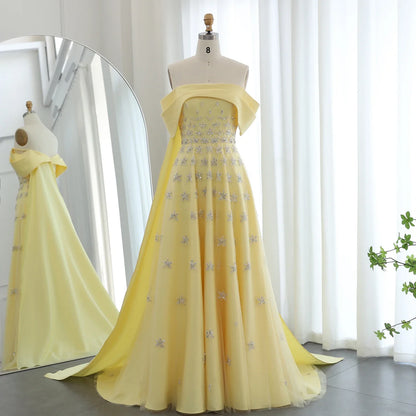 Yellow Satin Evening Gown Off-the-Shoulder With Train Sleeveless Prom Dress