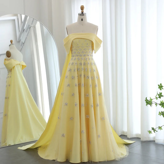 Yellow Satin Evening Gown Off-the-Shoulder With Train Sleeveless Prom Dress