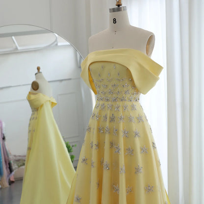 Yellow Satin Evening Gown Off-the-Shoulder With Train Sleeveless Prom Dress