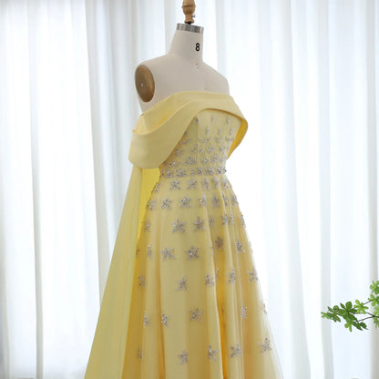 Yellow Satin Evening Gown Off-the-Shoulder With Train Sleeveless Prom Dress