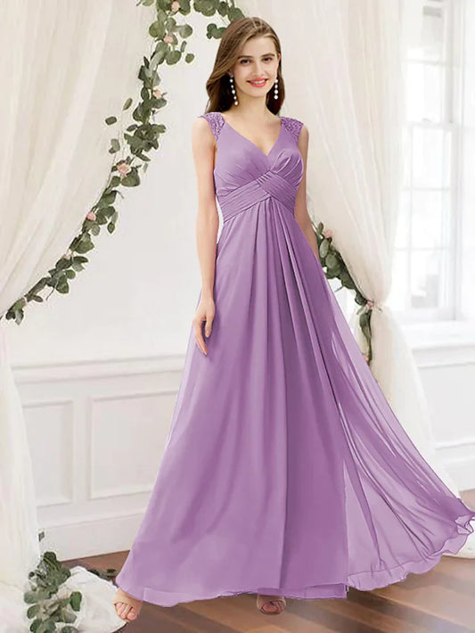 A-Line V Neck Floor Length Chiffon Bridesmaid Dress