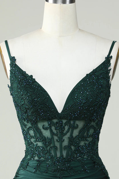 Dark Green Spaghetti Straps Corset Homecoming Dress With Appliques