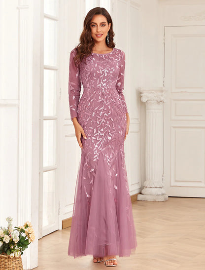 Evening Gown Elegant Dress Prom Floor Length Long Sleeve Jewel Neck Tulle with Embroidery