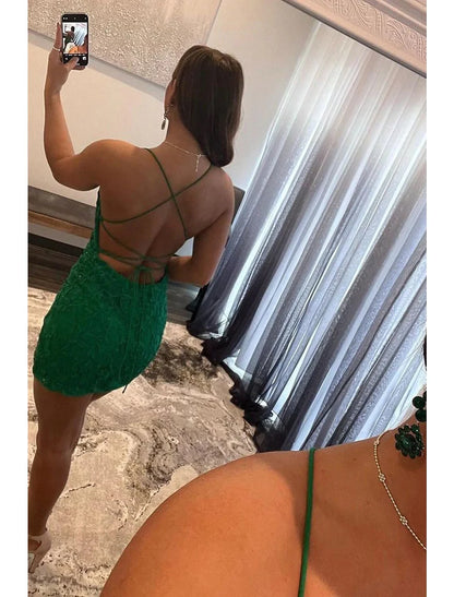Mermaid / Trumpet Cocktail Dresses Sexy Dress Homecoming Short / Mini Sleeveless Spaghetti Strap Tulle Backless