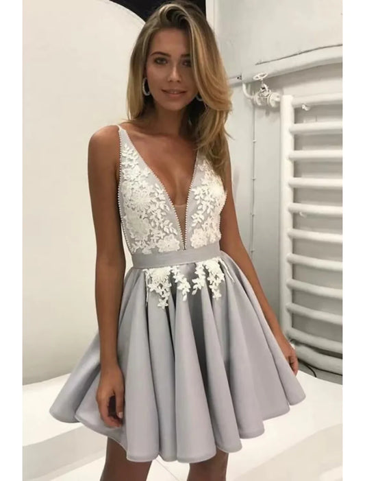 Cocktail Dresses Party Dress Graduation Short / Mini Sleeveless V Neck Satin Backless with Beading Appliques