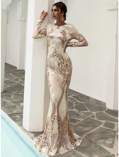 Evening Gown Elegant Dress Formal Sweep / Brush Train Long Sleeve Scoop Neck Sequined with Glitter Pleats