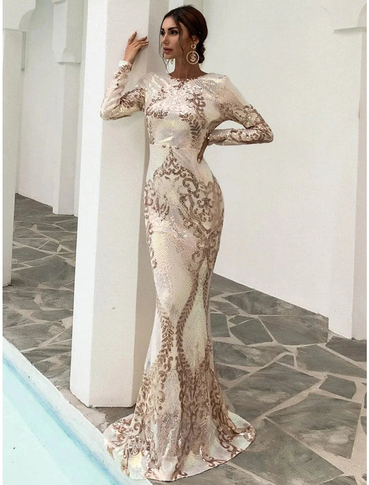 Evening Gown Elegant Dress Formal Sweep / Brush Train Long Sleeve Scoop Neck Sequined with Glitter Pleats