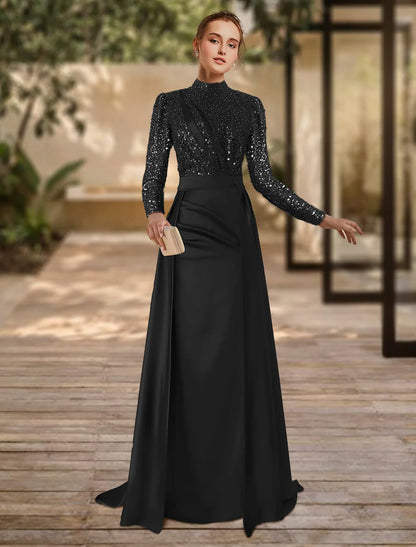 Evening Gown Christmas Red Green Dress Formal Sweep / Brush Train Long Sleeve Jewel Neck Satin with Pleats Ruched Sequin