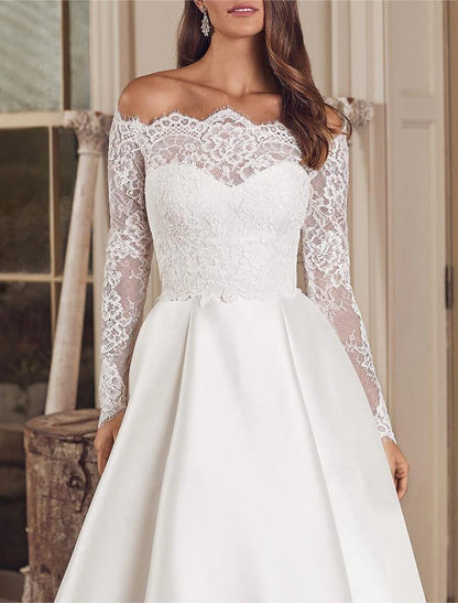 Wedding Dresses Ball Gown Off Shoulder V Neck Long Sleeve Chapel Train Satin Bridal Gowns