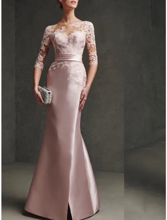Mermaid / Trumpet Mother of the Bride Dress Formal Elegant Party Scoop Neck Floor Length Satin Lace 3/4 Length Sleeve