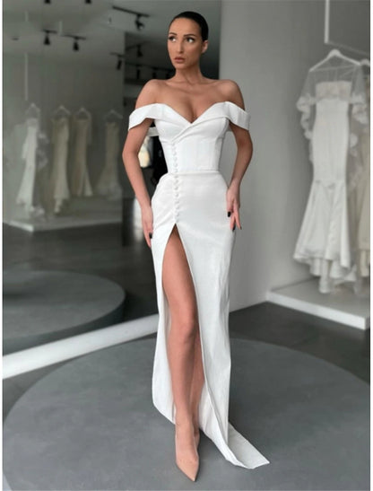 A-Line Evening Gown Elegant Dress Formal Court Train Long Sleeve Off Shoulder Satin
