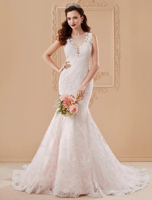 Mermaid / Trumpet Plunging Neckline Court Train Lace Tulle Wedding Dress with Appliques