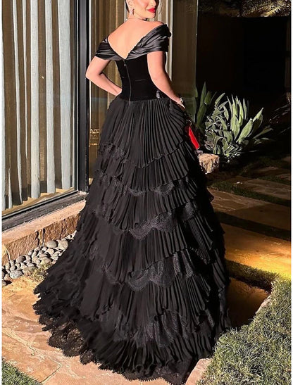 A-Line Prom Dresses Elegant Dress Formal Prom Floor Length Short Sleeve Sweetheart Lace