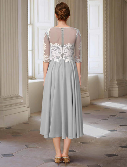 A-Line Mother of the Bride Dress Elegant Jewel Neck Asymmetrical Ankle Length Chiffon Lace 3/4 Length Sleeve