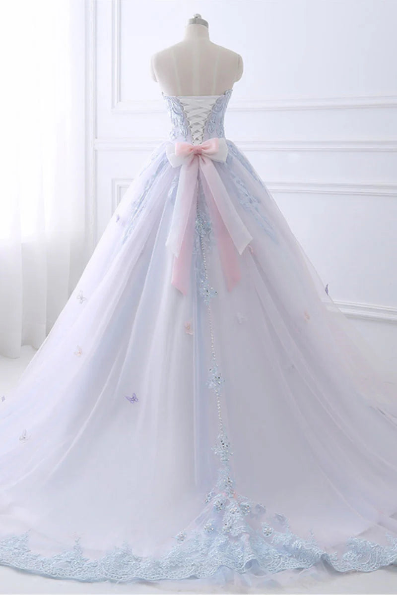 Light blue lace tulle long prom Wedding Dresses
