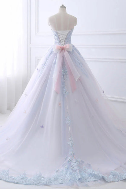 Light blue lace tulle long prom Wedding Dresses
