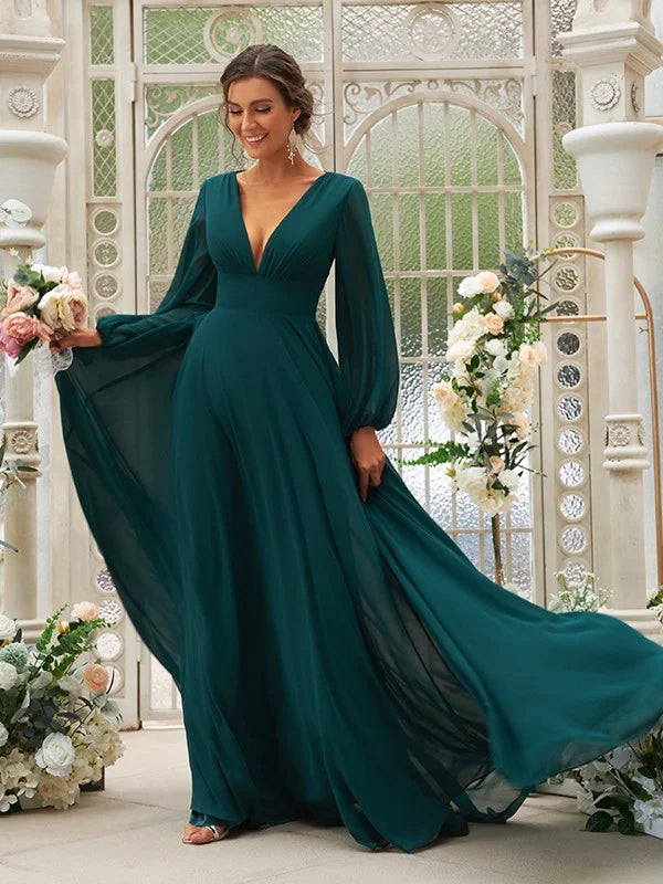 A-Line Princess Chiffon Ruffles V-neck Long Sleeves Bridesmaid Dresses