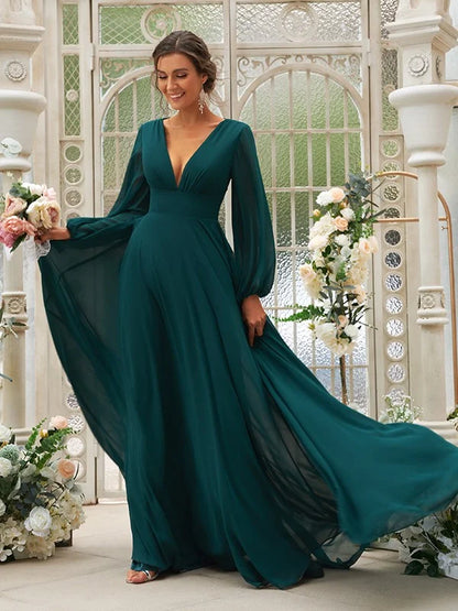 A-Line Princess Chiffon Ruffles V-neck Long Sleeves Bridesmaid Dresses