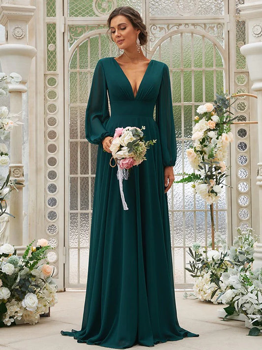 A-Line Princess Chiffon Ruffles V-neck Long Sleeves Bridesmaid Dresses