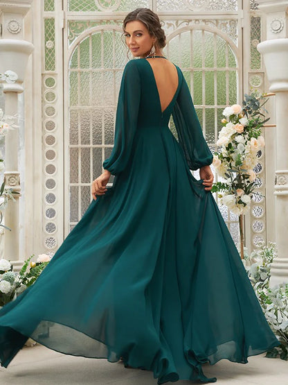 A-Line Princess Chiffon Ruffles V-neck Long Sleeves Bridesmaid Dresses