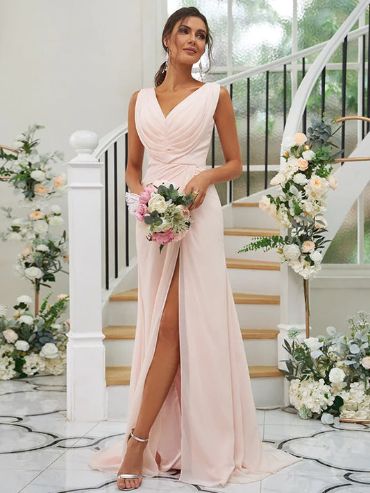 A-Line Princess Chiffon Ruched V-neck Sleeveless Bridesmaid Dresses