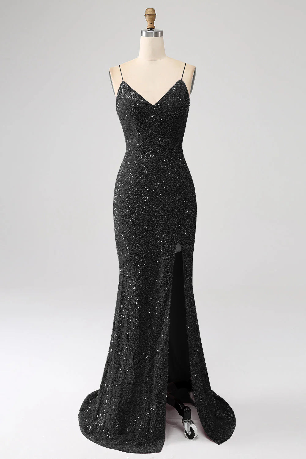 Sequins Mermaid Spaghetti Straps V-Neck Long Prom Dress