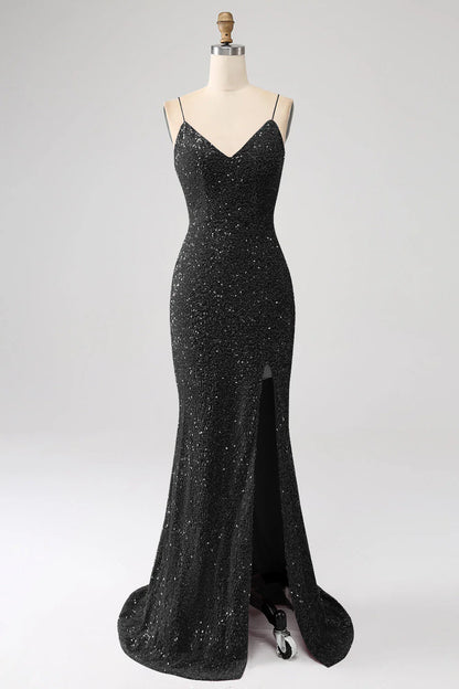Sequins Mermaid Spaghetti Straps V-Neck Long Prom Dress