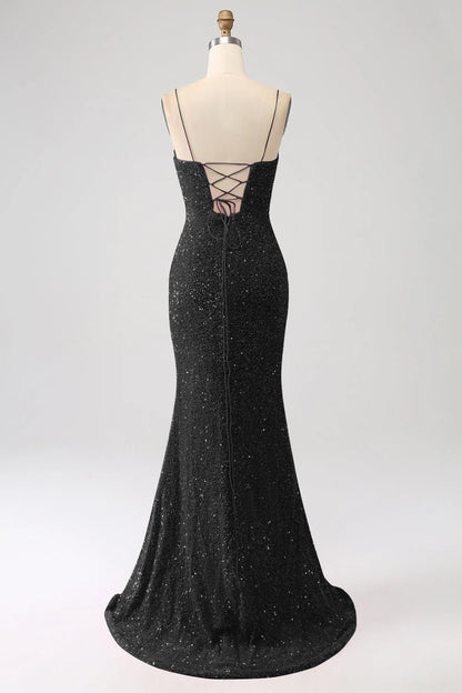 Sequins Mermaid Spaghetti Straps V-Neck Long Prom Dress