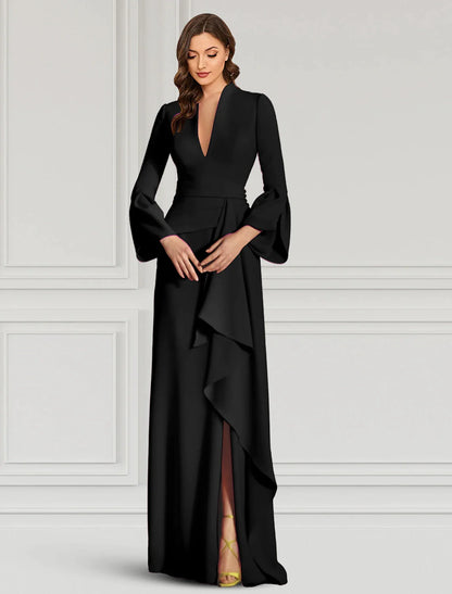 Sheath Evening Gown Elegant Black Dress Formal Cocktail Party Dress Floor Length Long Sleeve V Neck Fall Wedding Guest with Ruffles